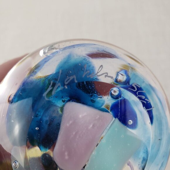 Spherical Art Glass Paperweight Controlled Bubbles Blue Pink Abstract Signed - Picture 4 of 7